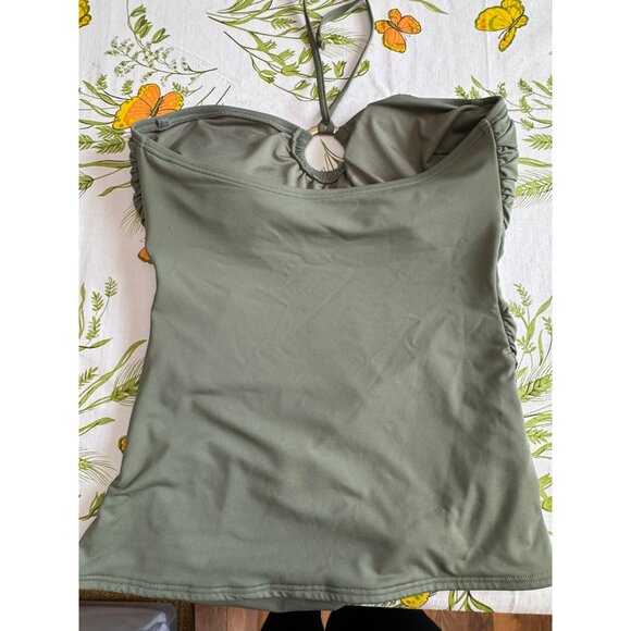 Michael Kors Olive Green Halter Tankini Swim Top W/ Gold Ring Detail & Ruched S - Picture 2 of 7